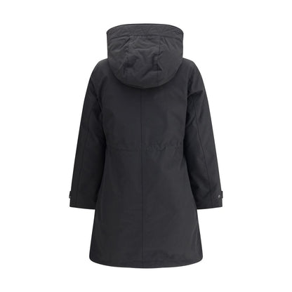 Back view of Woolrich Black Cotton Clothing 3-in-1 Parka Jacket with hood and high collar, featuring adjustable cuffs and side patch pockets.