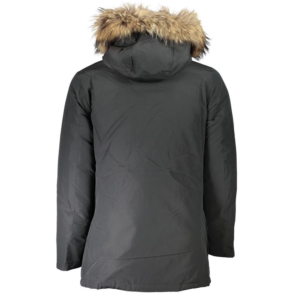 Back view of Woolrich Gray Cotton Men's Jacket with fur hood and long sleeves.