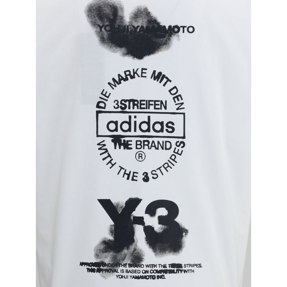 Y-3 White Cotton Sportswear with overlapping graphic logo on back, ribbed crew neck, 100% cotton, oversized fit for contemporary style.