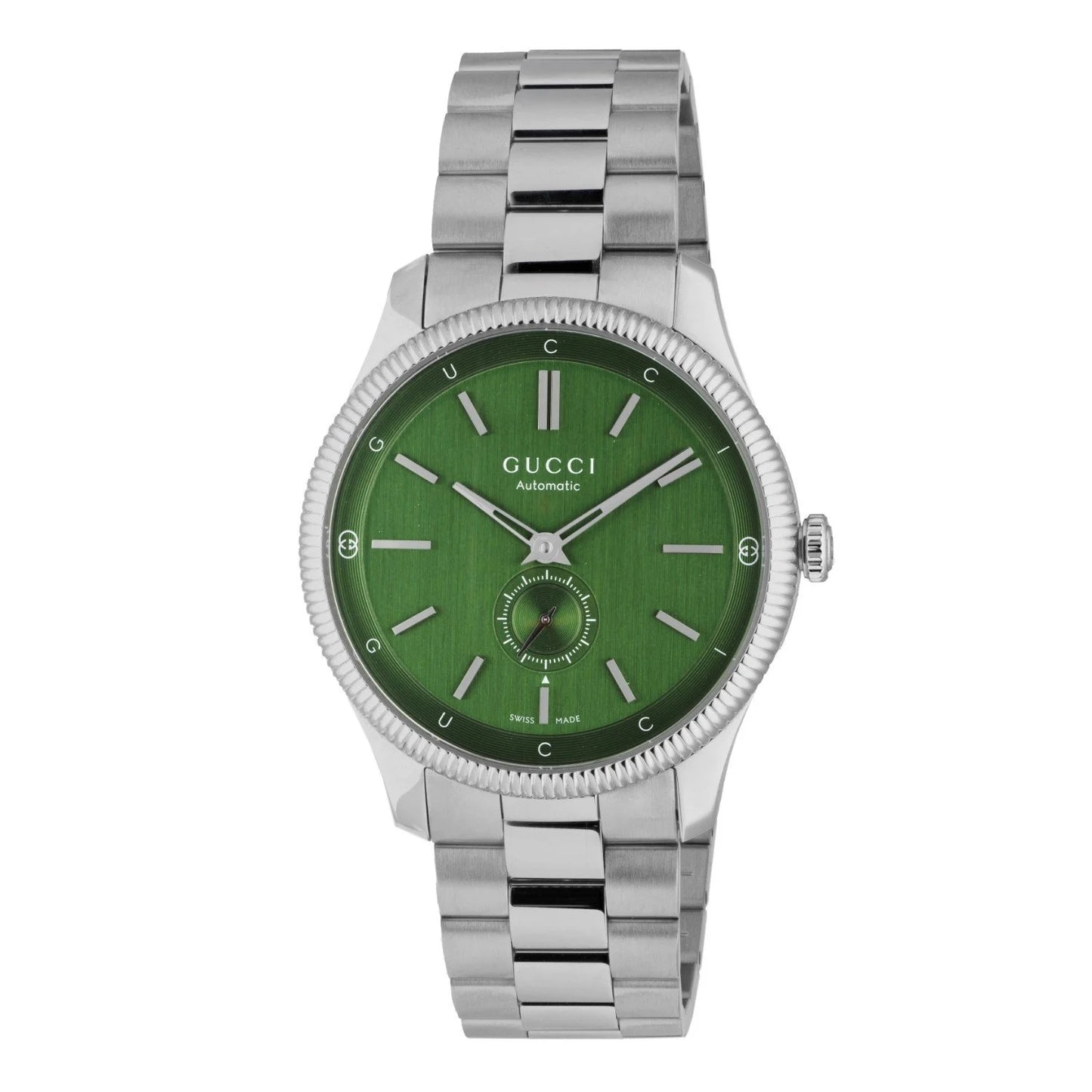 Luxury watch GUCCI Mod. G-TIMELESS with green dial and silver stainless steel bracelet.