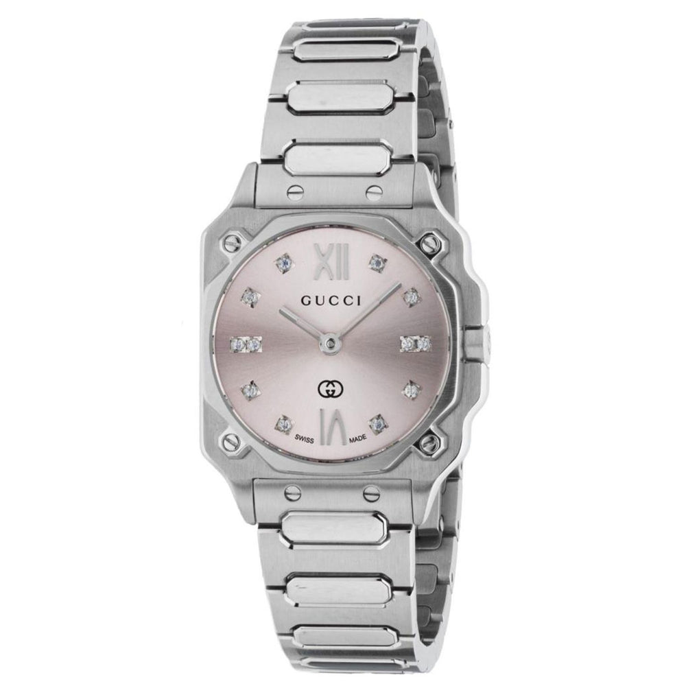 Luxury watch with a silver strap and pink dial, featuring a stylish look. Brand: GUCCI Mod. G-FLAT. Perfect for elegant occasions.