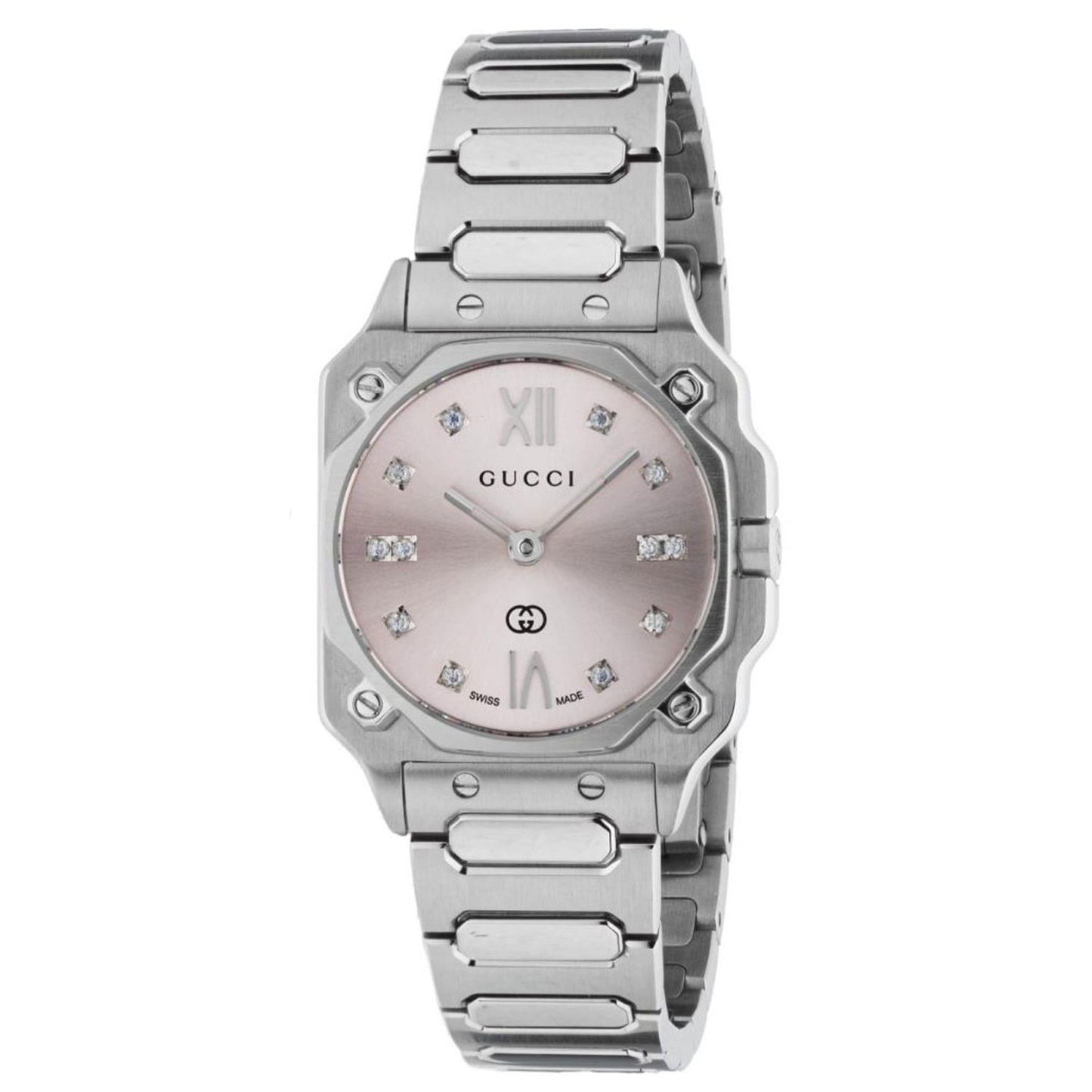 Luxury watch with a silver strap and pink dial, featuring a stylish look. Brand: GUCCI Mod. G-FLAT. Perfect for elegant occasions.