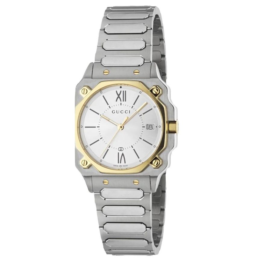 GUCCI Mod. G-FLAT luxury wristwatch with silver and gold accents, featuring a classic round dial and Roman numerals.