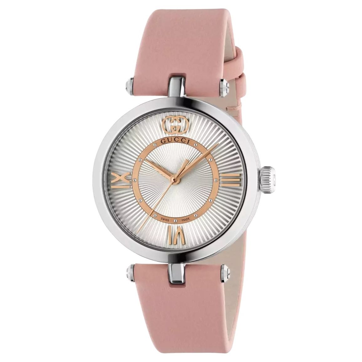 GUCCI Mod. 2000 watch with pink leather strap and silver dial, luxury timepiece