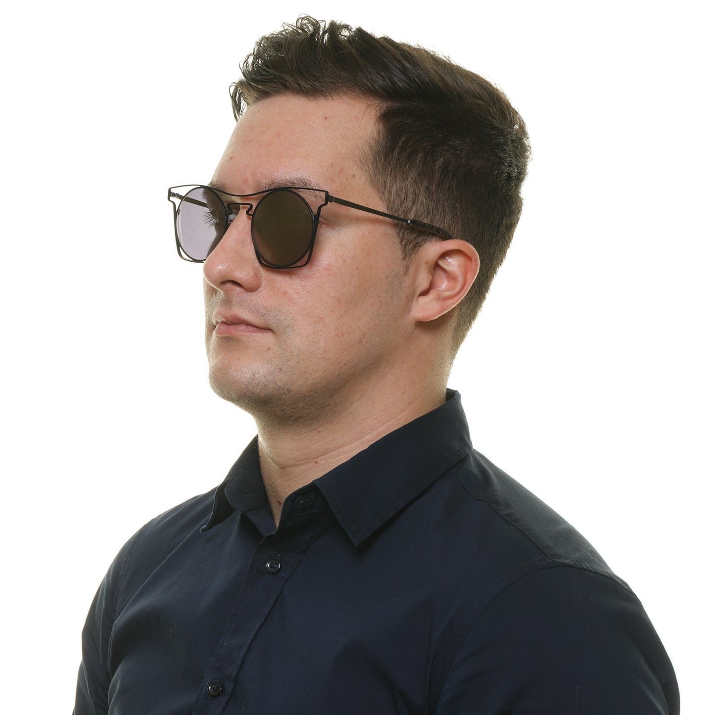 Man wearing YOHJI YAMAMOTO MOD. YY7005 49004 sunglasses, side view, clear background