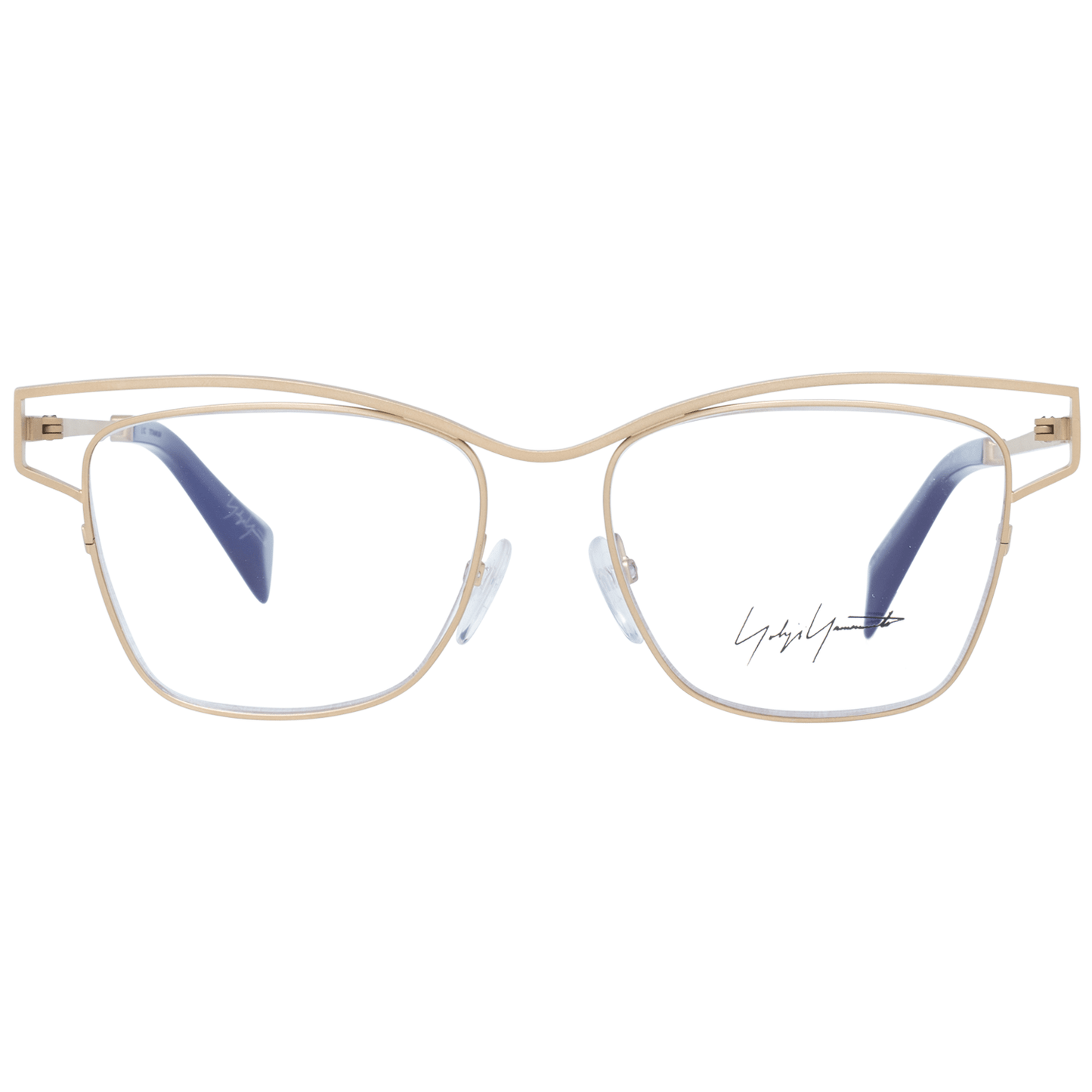 Yohji Yamamoto Gold Women Glasses Frame, full-rim square titanium design, with blue-filter lenses, includes branded soft case