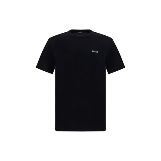 ZEGNA Black Cotton T-Shirt with ribbed crew neck and iconic monogram on front, 100% cotton, made in Portugal, regular fit, AW25 season.