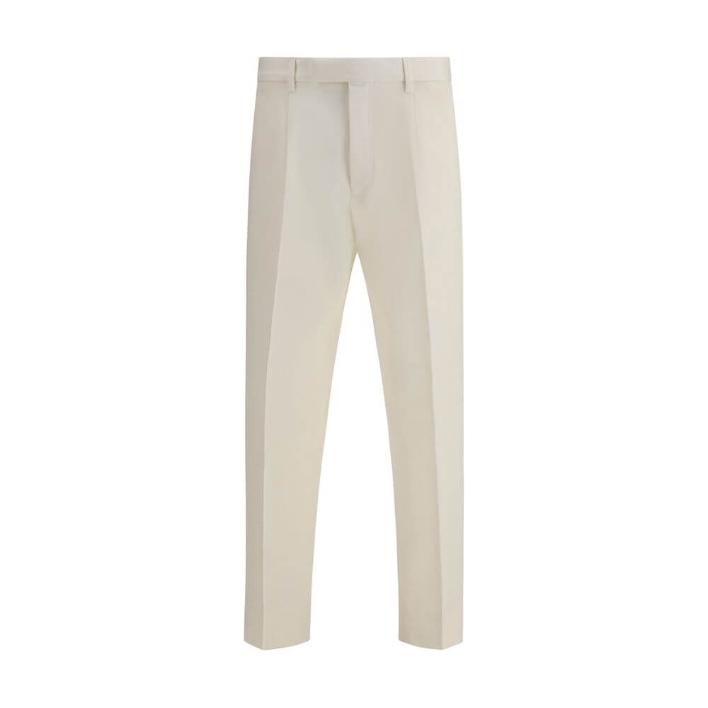 ZEGNA White Cotton Dress Pants with elegant design, featuring front zipper and button closure, ideal for formal occasions.