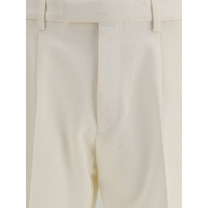 ZEGNA White Cotton Dress Pants with front zipper, button closure, and belt loops for a tailored fit, ideal for formal occasions.