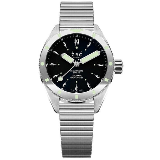 ZRC 1904 MOD. SC39163 watch with stainless steel strap, black dial, and luminous markers.