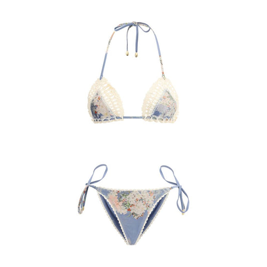 Zimmermann Light Blue Polyamide Bikini with floral print and crochet details, featuring a drawstring top and adjustable bottom ties.